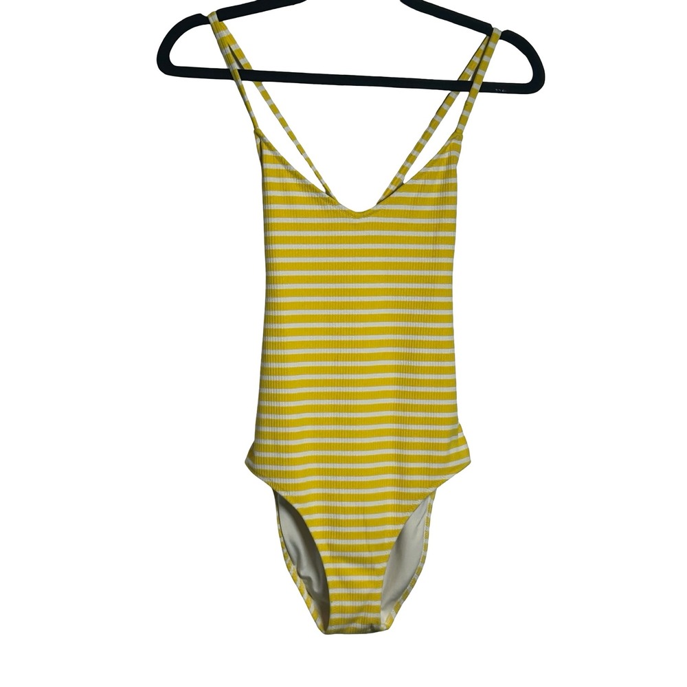 Aerie Yellow White Stripe Ribbed One Piece Swimsuit Lace Up Back‎ Size S